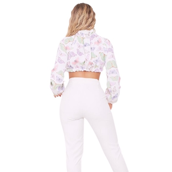 WHITE BUTTERFLY PRINT LONG SLEEVE CROP TOP - Picture 3 of 7